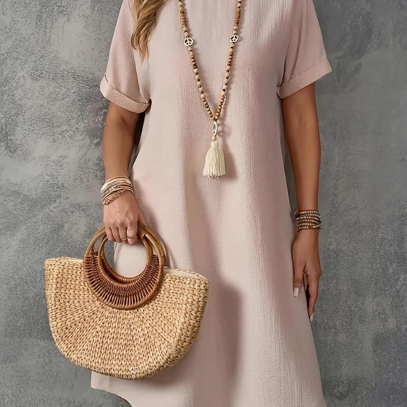 TEMU Women' Color Simple Round Neck Short Sleeve Casual Dress