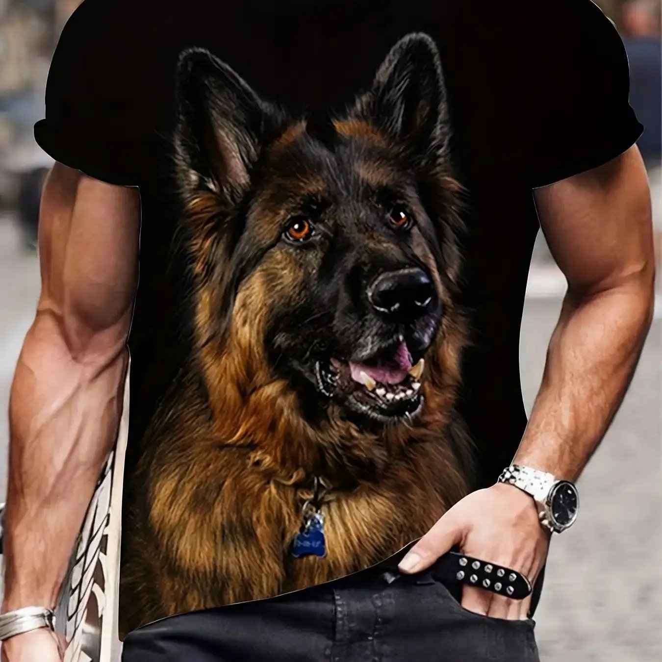 TEMU Men's German Shepherd Dog Print T-shirt - Quick-dry Breathable German Shepherds Design, Casual Round Neck Short Sleeve Shirt For Gym, Casual