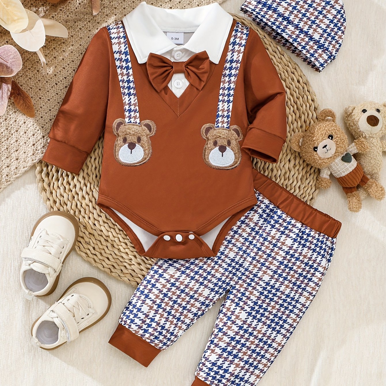 Image of Baby Stuff, Boy Collar Bow Positioning Print And Long Pants Set With Hat 3pcs Outfit, For Outdoor, Newborn/toddler Necessities, Christmas, Halloween