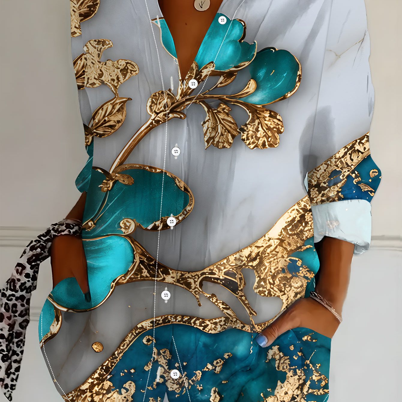 TEMU Plus Size, Plus Size Women's Long Sleeve Shirt, Luxurious Floral Style Loose Fit Printed Blouse, Golden And Blue Floral Elements Midi-length