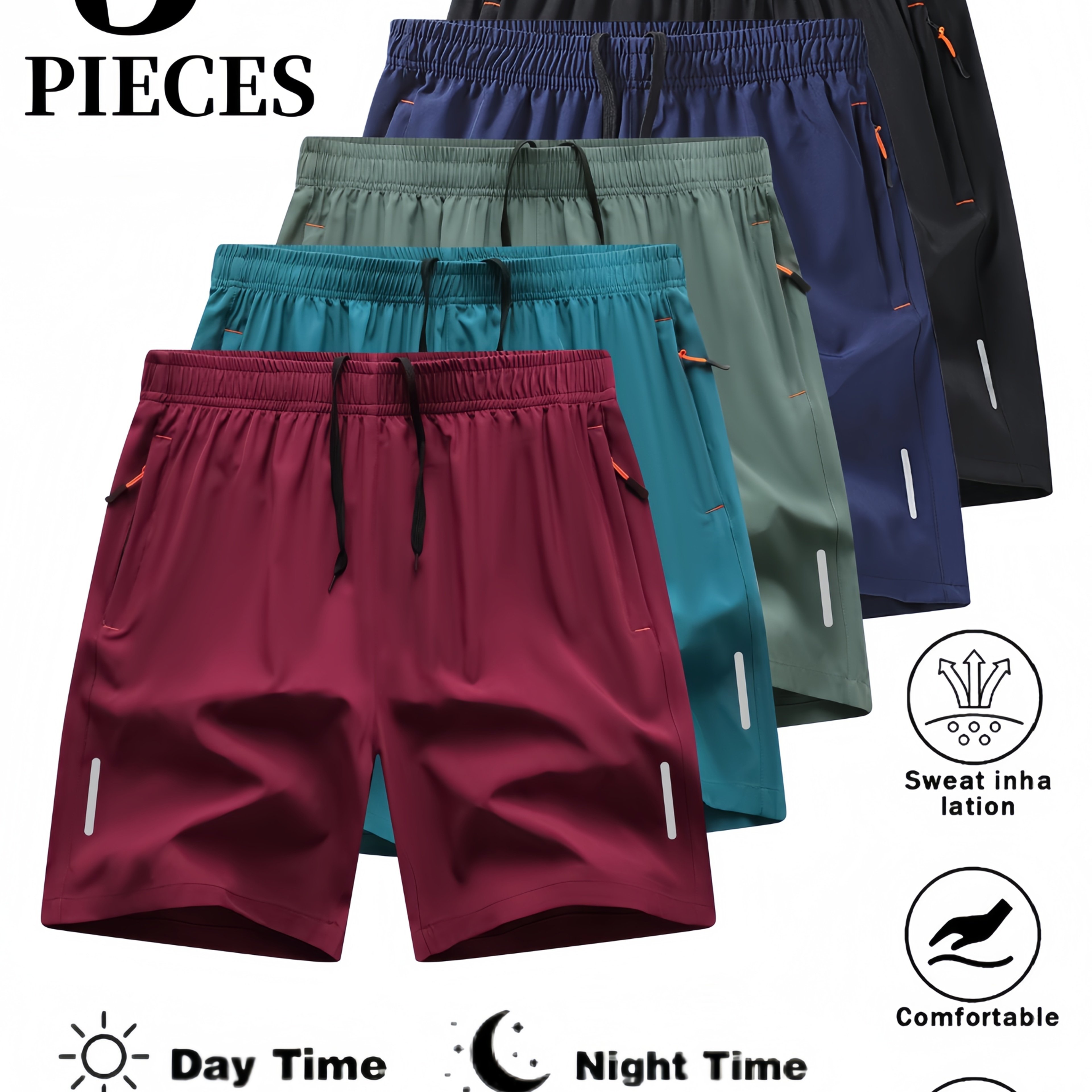 TEMU 5pcs Men's Summer Outdoor Hiking Sports Shorts, Men's Running Shorts, Quick-dry Fabric, Moisture-wicking And Breathable, Styles, With Zippered