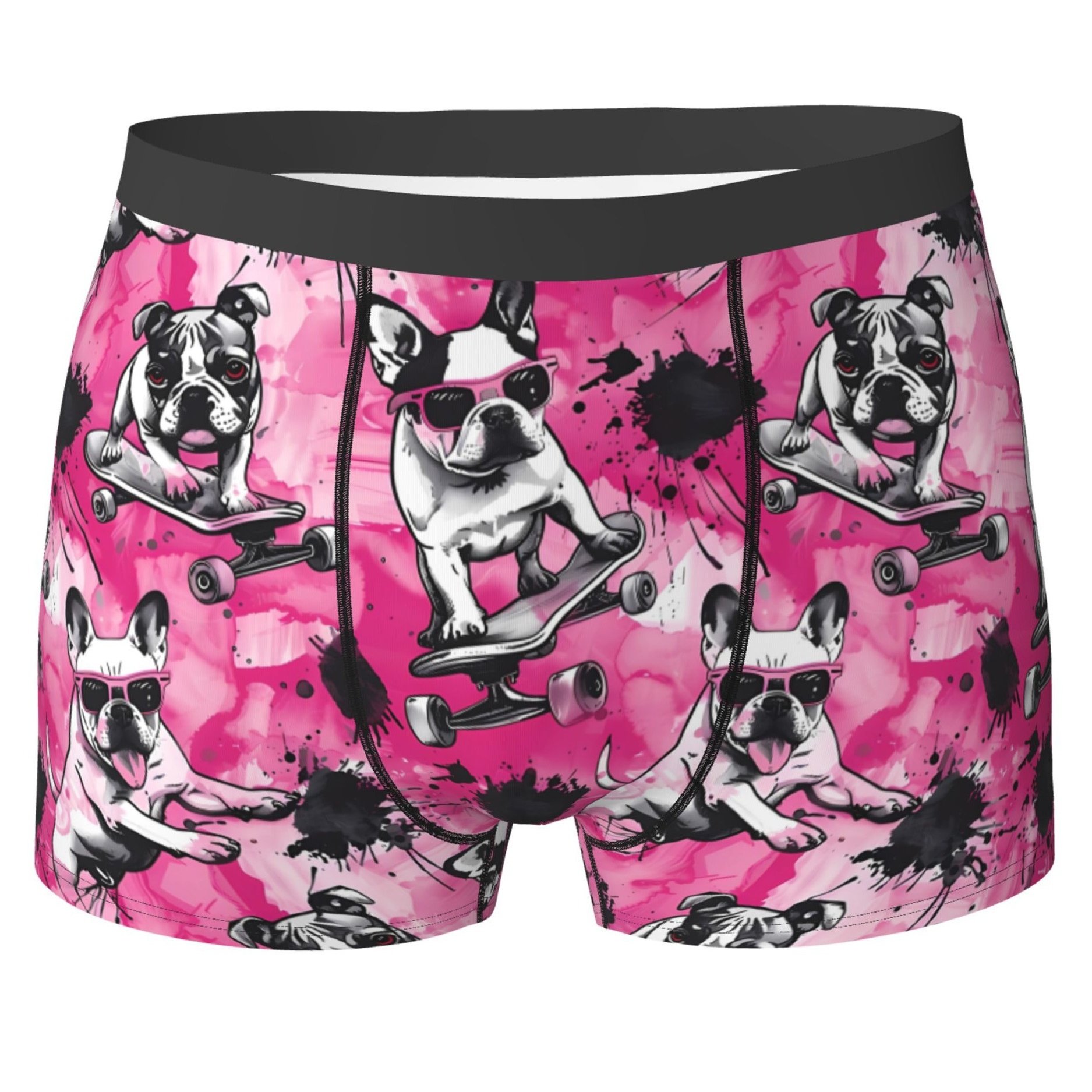 Image of Men's Pink Cartoon Pug Printed Boxer Briefs, Breathable Comfortable Stretch Underwear, Sports Swimming Shorts, Men's Novelty Underwear