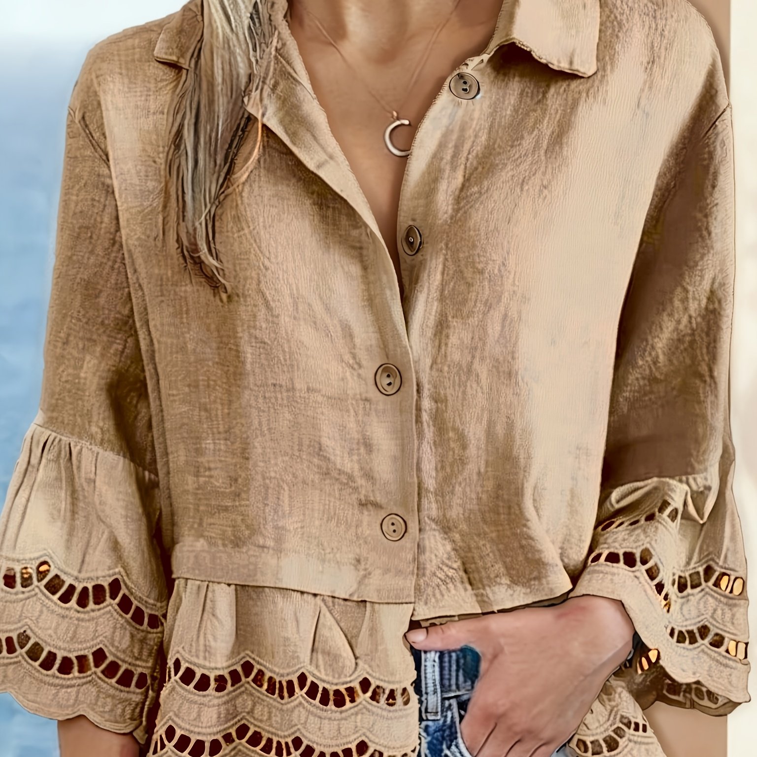 TEMU Blouse T-Shirt Polyvalent Tendance pour Femmes, Top Cardigan Manches Trois- de Mode Niche