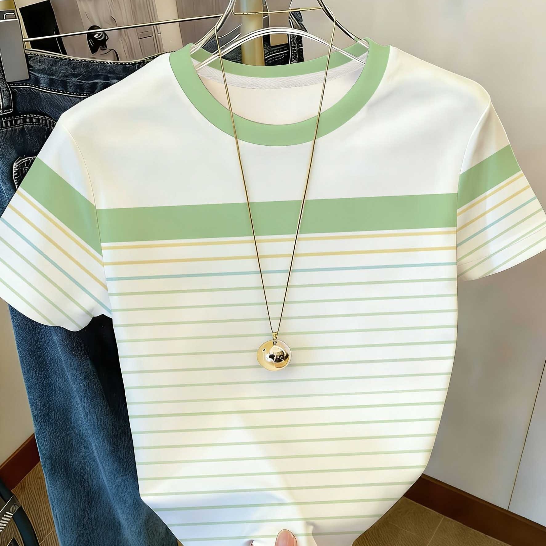 TEMU Women's Korean-style Mint Green Striped T-shirt - Short-sleeve Round Neck Loose With Breathable -compatible Base Layer Suitable For Layering,