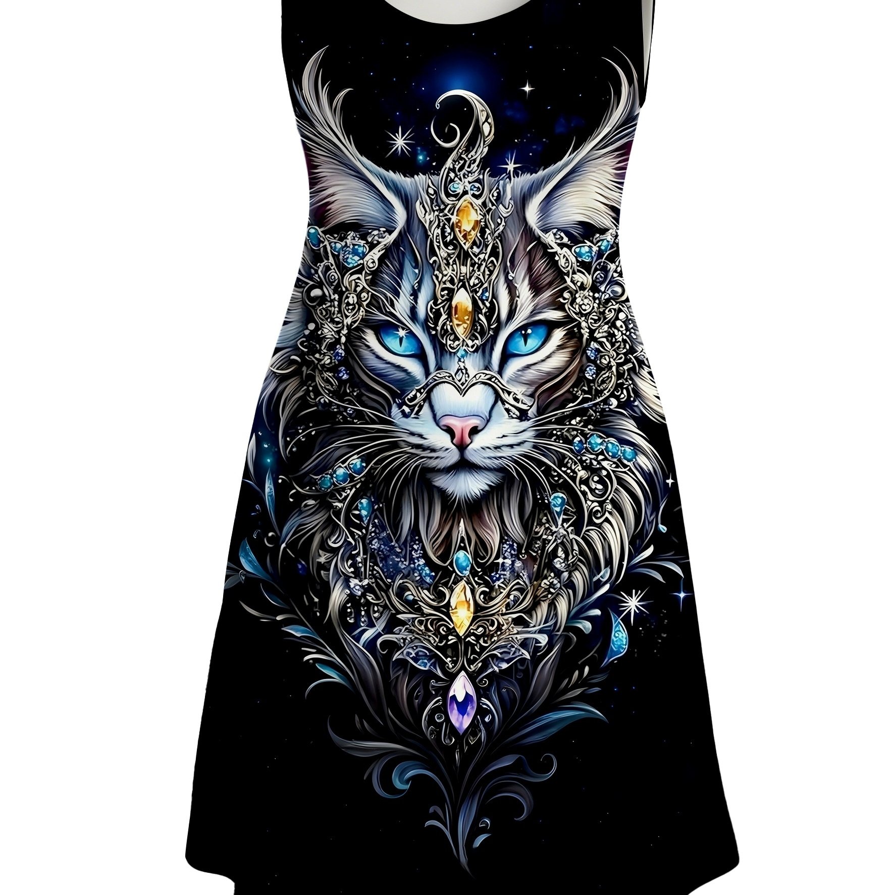 TEMU Printed Design- Not Textured Plus-size And Mysterious Starry Sky Gemstone Cat Sleeveless Dress With Round Neck, Fit, Unique And Versatile For