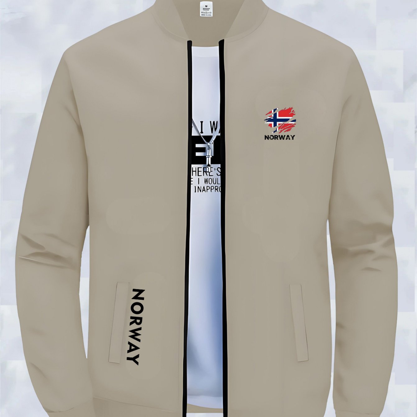 TEMU Flag Norway Pattern Print Vintage Stand Collar Jacket, Trendy Brand Versatile Loose Fit Machine Washable Casual Outerwear, Cartoon Print Jacket