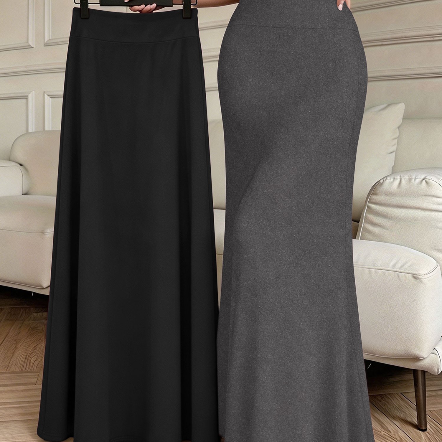 TEMU 2-pack 2026 New High-waisted Flared Skirt For Women, Elastic Waistband, Tighten The Belly, Skin-friendly And Breathable, Covers And Looks Thin,