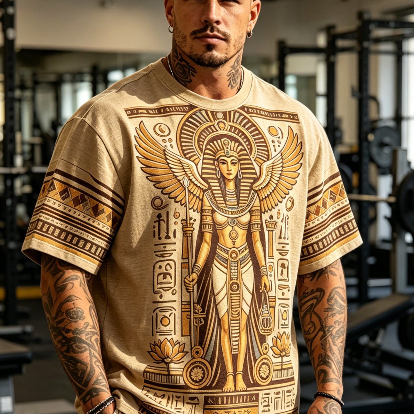 TEMU Men's Ancient Retro Print Short Sleeve, Mystical Aesthetic , Rugged Casual Wear, Retro Atmosphere Full [print Design-not Textured]