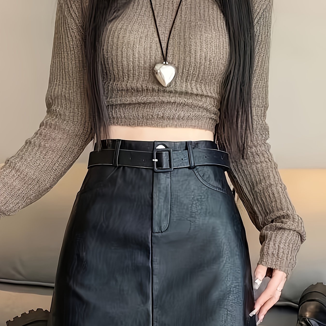 TEMU Elegant High-waist Faux Leather Mini Skirt With Belt - Vintage Style, Non-sheer, Spring/fall