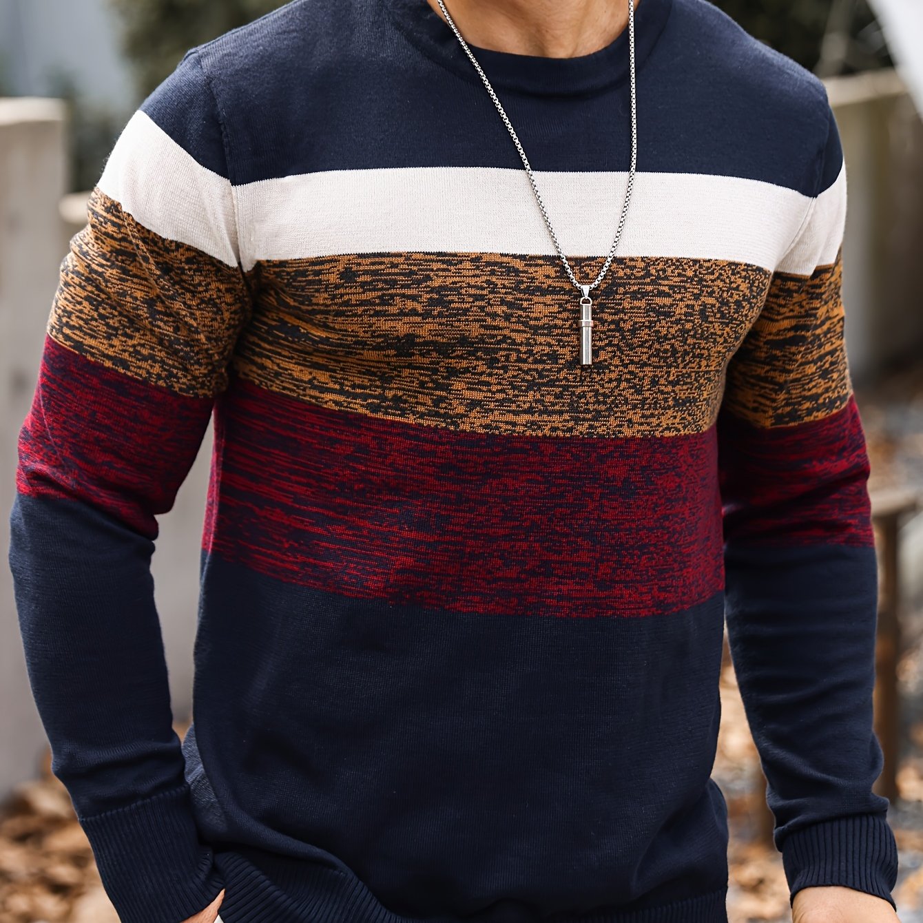 Men's Casual Striped Color Block Crew Neck Sweater - Soft Polyester Knit Pullover, Long Sleeve, Machine Washable For