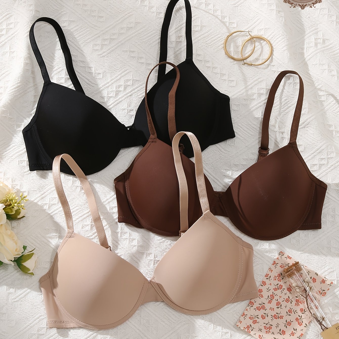 TEMU 3pcs Set Of Seamless Underwear For Women, With Underwire And Push-up, Skin-friendly And Comfortable Daily Bra
