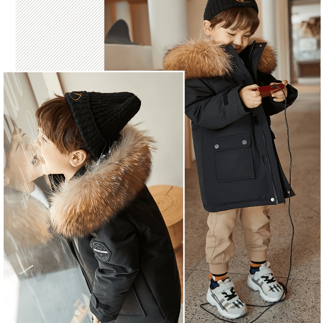 Image of Boys' Winter Hooded Workwear Parka, Children's Thickened Warm Mid-length Jacket, Suitable For Boys Aged 3-12. Workwear Large Pockets With Full And Solid Filling, Fabric Is Easy To Care For.