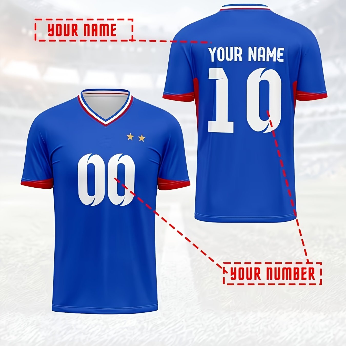 TEMU Maillot de pour homme - T-shirt à col en V avec nom et numéro personnalisés, couleurs de la Fédération française, cadeau de football pour fans,