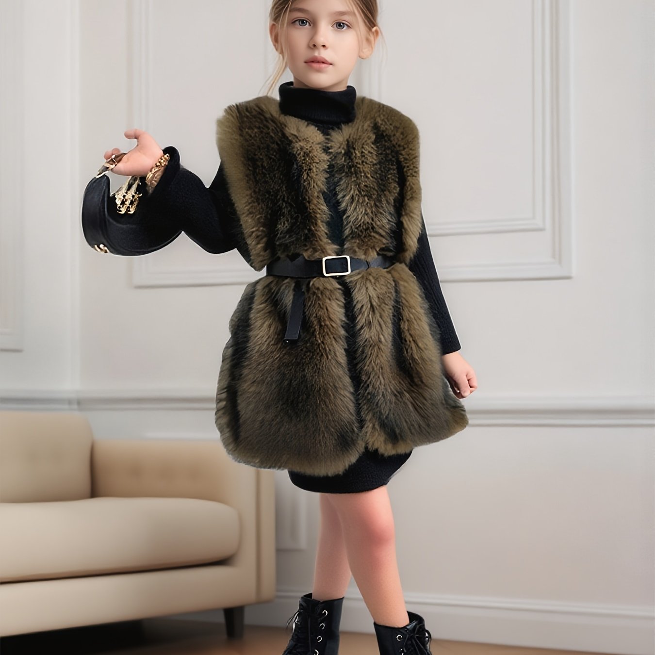 Autumn Winter Girls' Fashion New Style, Easy Literary Street Sweet Cool Design, Fashionable Versatile High-neck Long Sleeve Dress, Plush Sleeveless Vest, And Versatile Belt, For Outdoor