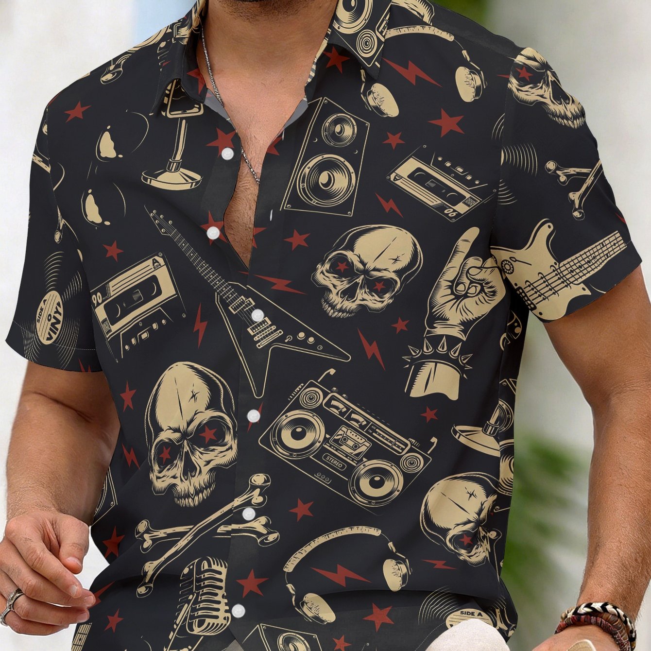 TEMU Men's Casual Short Sleeve Beach Shirt, Black Background With Skull, Guitar, Microphone And Other Rock Elements Retro Pattern, Breathable Short