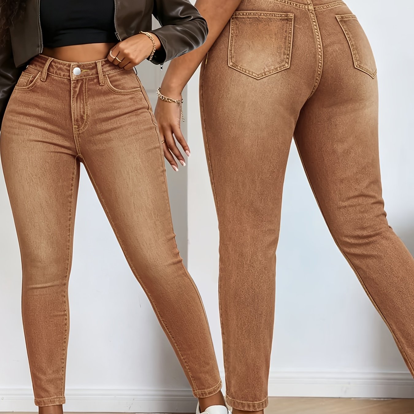 Women's Fashion Trend Baitiao Style Khaki Jeans, Streetwear High-waist Slim Fit Straight-leg Denim Pants