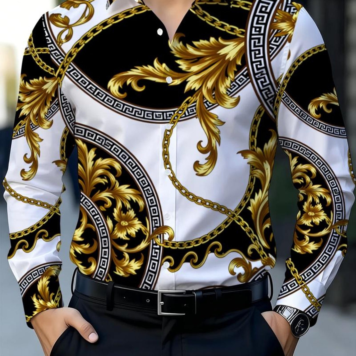 TEMU Men's Luxury Printed Button- Shirt, Polyester Fabric, Mixed Colors, Multiple Sizes Available, Ornate Design, Fashionable Casual Sportswear,