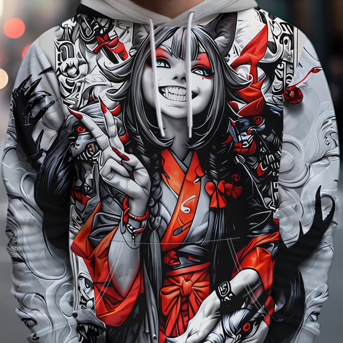 TEMU Men's Trendy Streetwear Hoodie Featuring Unique Fox Ears And A Design In Red And Black Kimono Style. This Piece Is Full Of Street