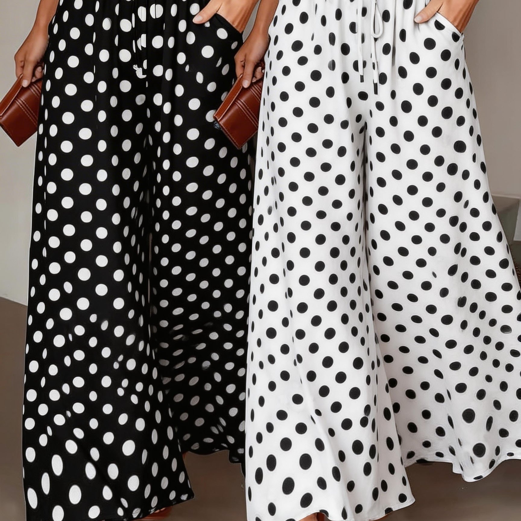 TEMU Fashionable Elegant Polka Dot Print Wide-leg Pants, Vacation Versatile Casual Trousers 2pcs Set