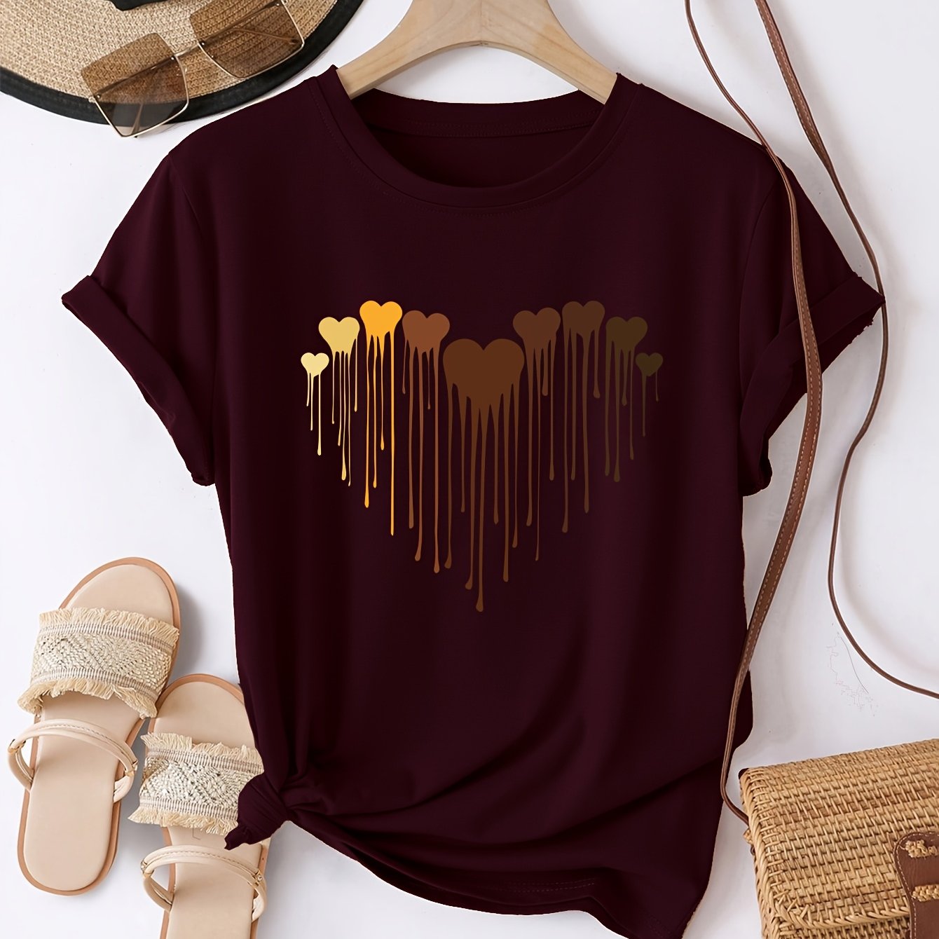 TEMU European And American Round Neck Loose Fit Versatile Casual Spring/summer Short Sleeve T-shirt With Gradient Heart Pattern Women's Top