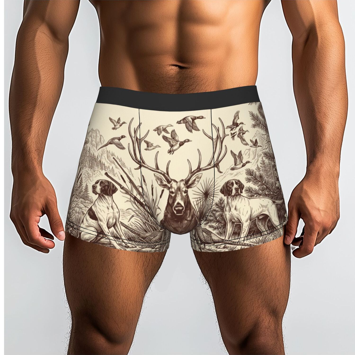 TEMU 1pc Hunting Scene With Deer Dogs And Birds Underpants Breathable Panties Men's Underwear Print Shorts Boxer Briefs
