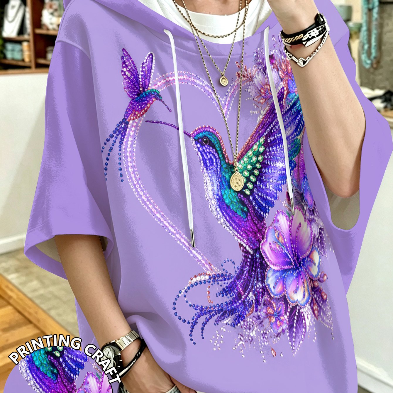 TEMU Plus Size, Plus Size Women's Hooded Top With Hummingbird Floral Print, Loose Fit, Drop Shoulder Sleeves