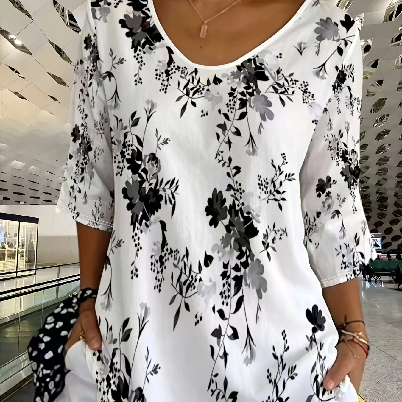 TEMU Plus Size, [printe Esign-not Texture] New European And American Women's Clothing, Three-quarter Sleeve Top,, Suitable For , Everyday Commuting,