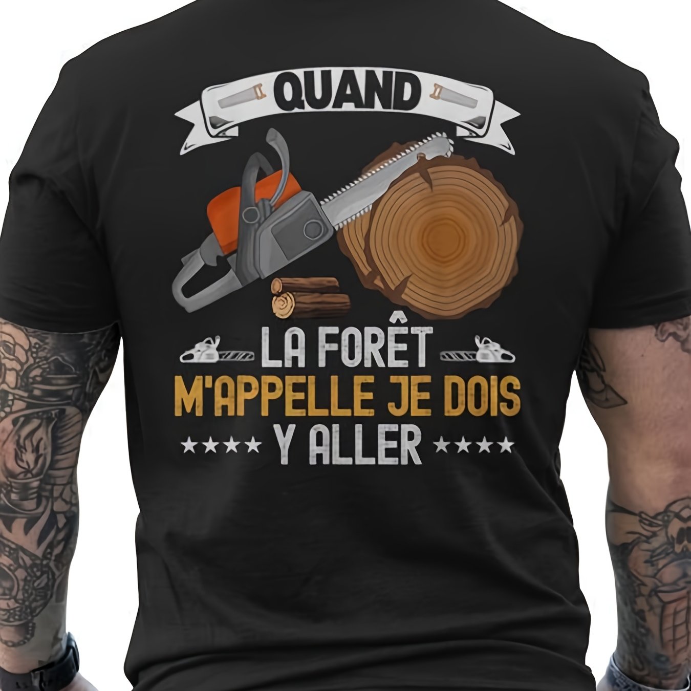 TEMU T-shirt d' pour homme avec imprimé arrière tronçonneuse et exploitation forestière, slogans forestiers français, T-shirt de randonnée à col rond