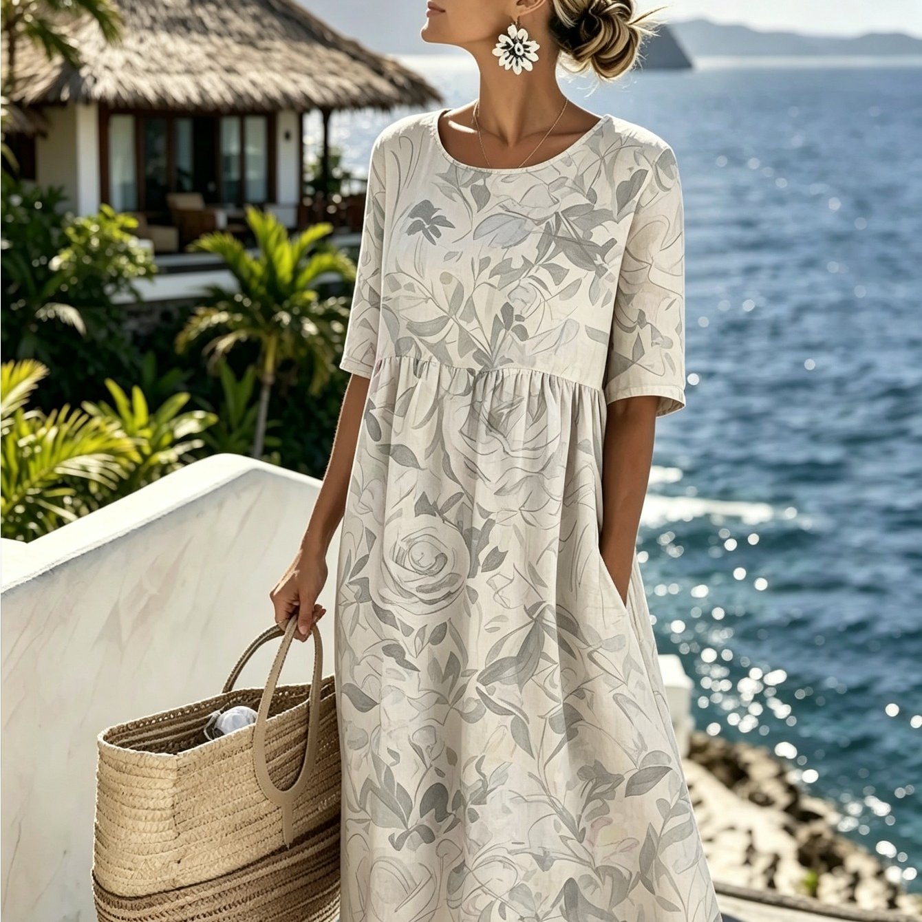 Women's Geometric Print Mid-length Dress - Round Neck, Half Sleeves With Pockets, Casual Loose Summer Dress, Suitable For Vacation, Beach, And Casual Attire