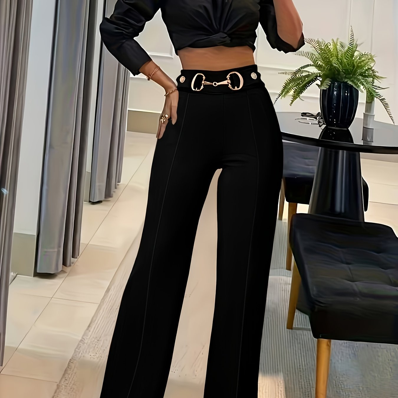 E-shop Plus Size, Elegante Damen Hose in Unifarben mit Kettendetail, Ganzjahres-Straight-Leg Hose für Erwachsene, Slim Fit, Stretch Spandex Mix,