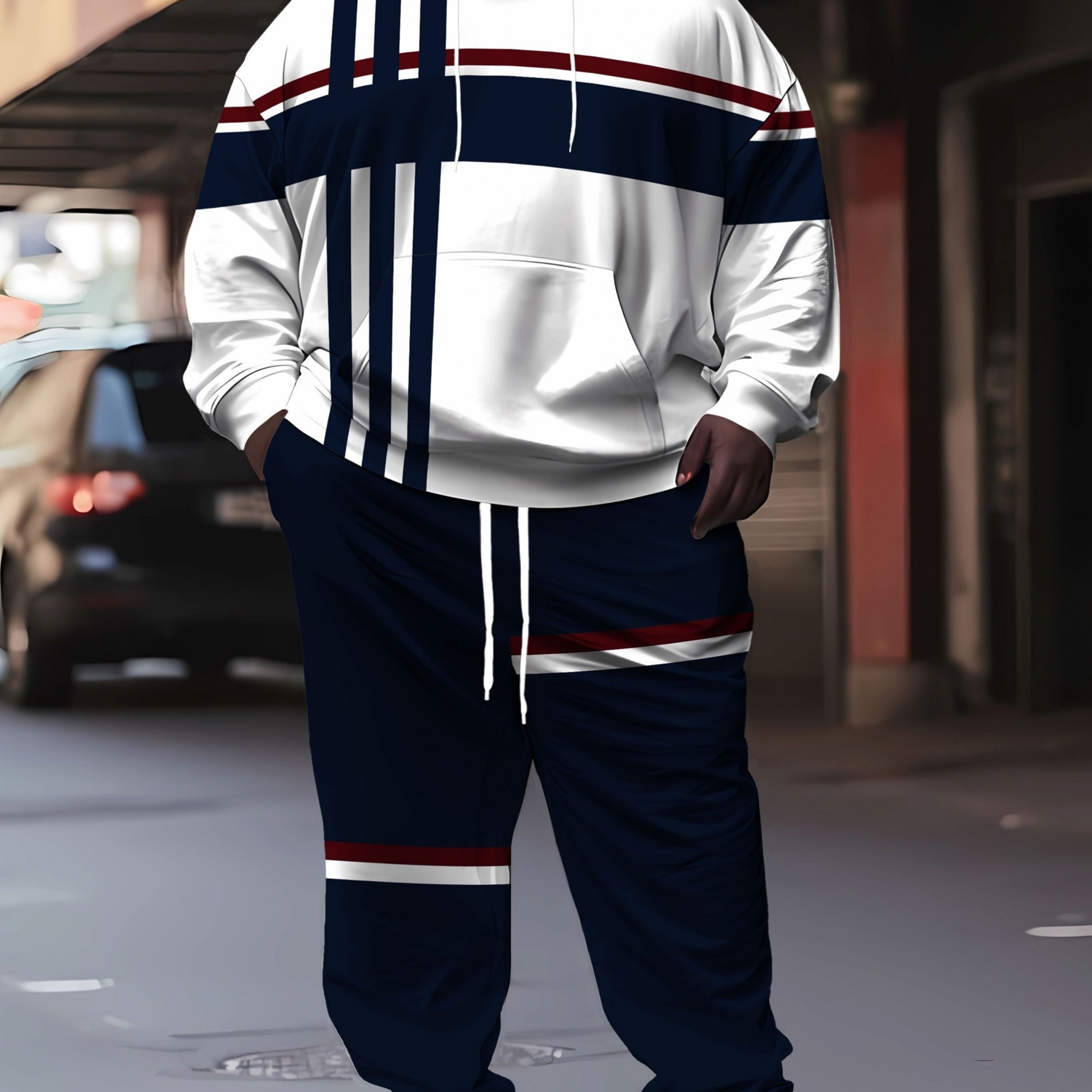 TEMU 2pcs Men's Plus Size Striped Hooded Sports Set With 3d Stripe Print- Heavyweight Full-zip Hoodie And Matching Jogger Pants, White/black/navy