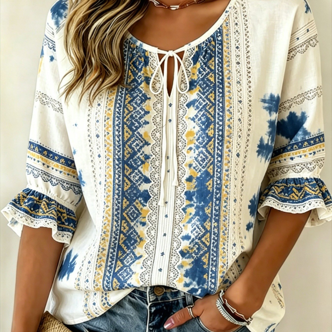 TEMU Plus Size, Bohemian Style Tie-dye Geometric Print Women'-quarter Sleeve Ruffle Tie Shirt