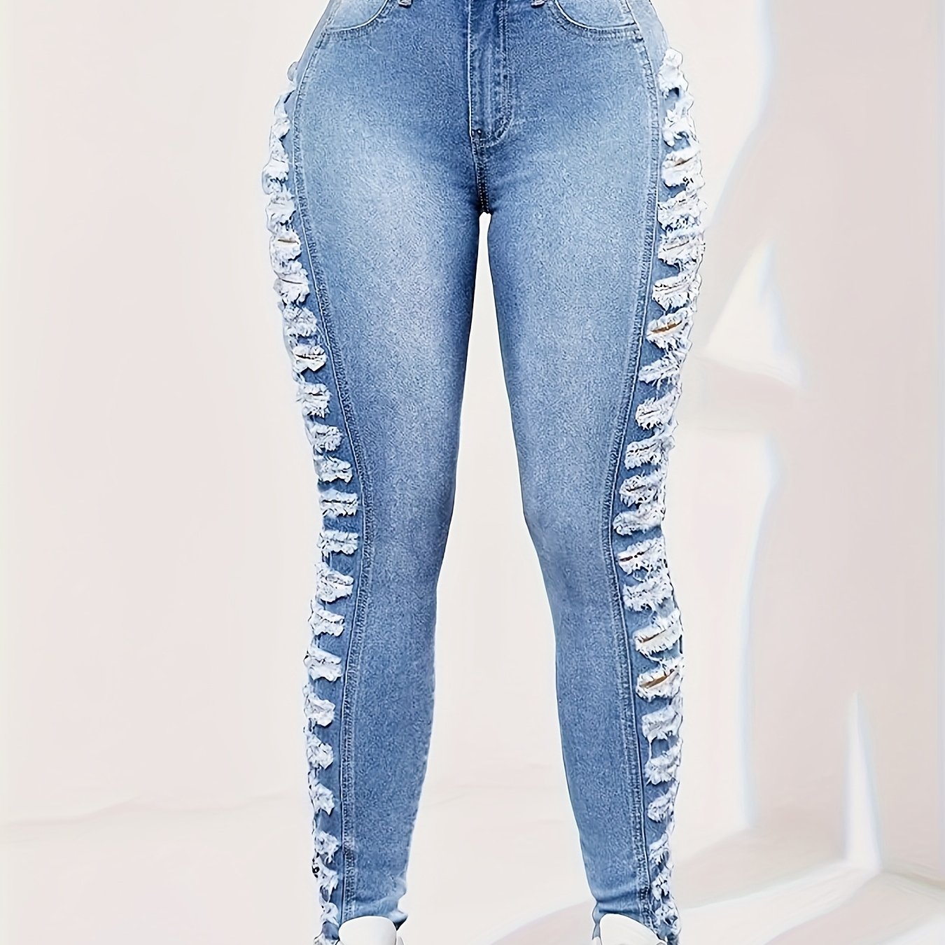 TEMU Women's High-waisted Jeans With Side Ripped Detail - Stretchy Casual Pants, Machine Washable & No Belt Needed