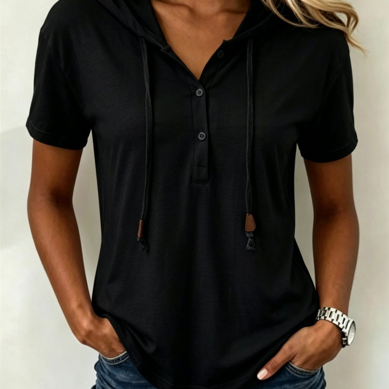 TEMU 1 pièce Haut décontracté pour femme Vêtement d'été Couleur unie Nouveautés 2026 Haut à capuche et à manches de type henley