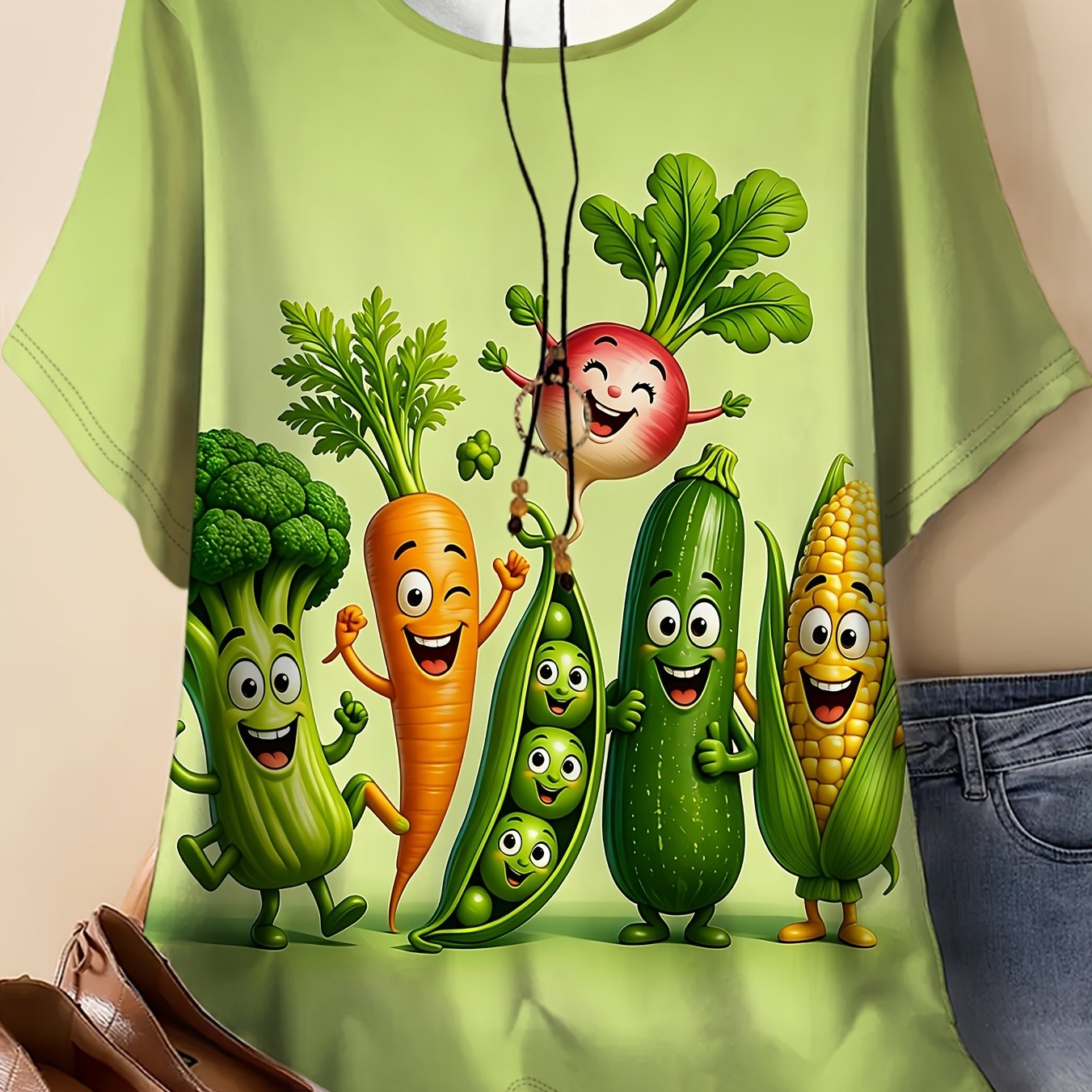 TEMU Summer Women's Plus Size Round Neck T-shirt Cartoon Anthropomorphic Vegetables Light Print