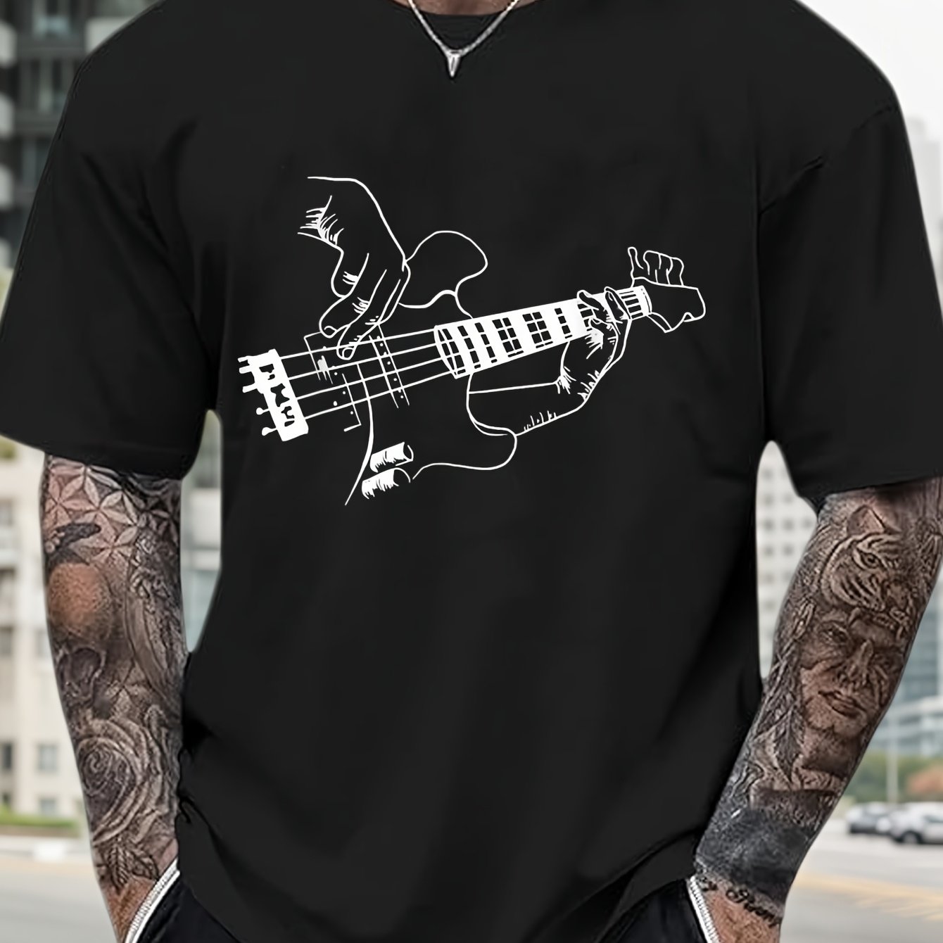 Image of Men's 100% Cotton Guitar T-shirt With White Outline Hands Playing - Music Lovers Tee, Casual Round Neck Short Sleeve Top For Musicians & Guitarists, Machine Washable Apparel