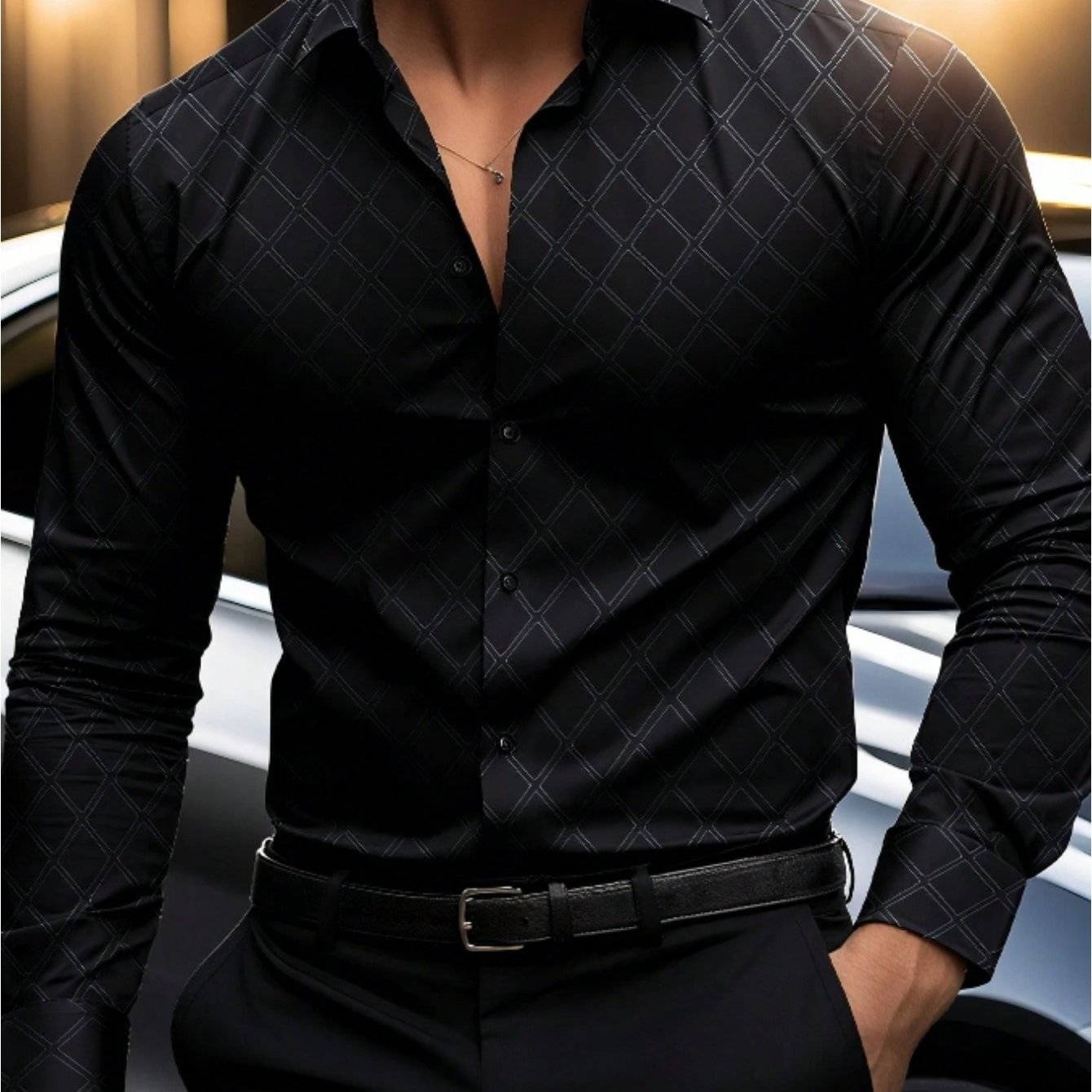 Men's Fashion Casual Business Commuter Stand Collar Solid Color Button-up Long Sleeve Shirt, Men's Formal Slim-fit Shirt, Men' Color Argyle Jacquard Shirt. Suitable For Daily Wear, Work