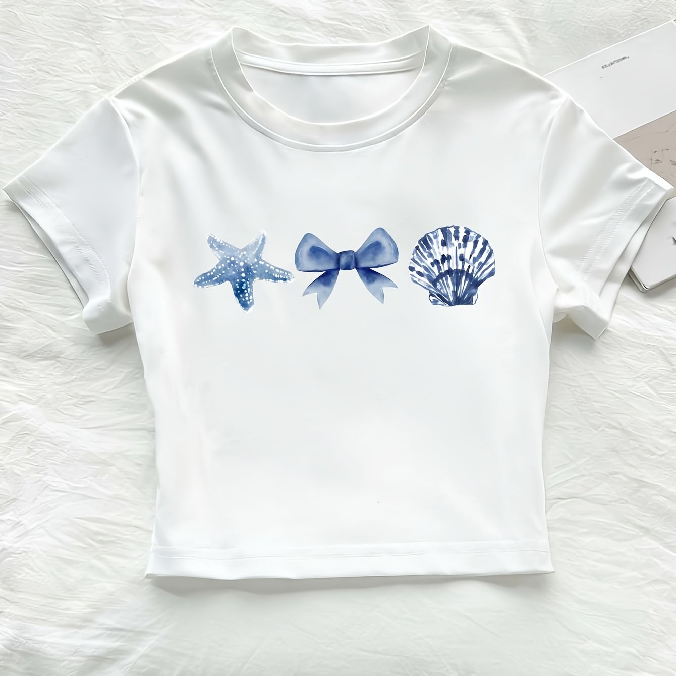 TEMU 00008 - T-shirt bleu Océan avec imprimé nœud , manches courtes et col rond, vêtement décontracté pour femmes Z5238