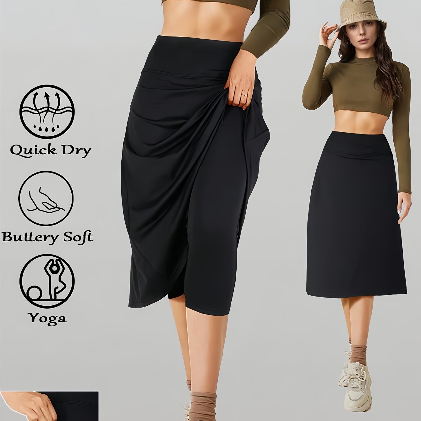Image of Women's Athletic Midi Skirt With Pockets, Length, At The Knee 29 Inches, Sporty Black High Waisted Athletic Skort, Tummy Control, Suitable For Outdoor Hiking, Commuting, Etc.