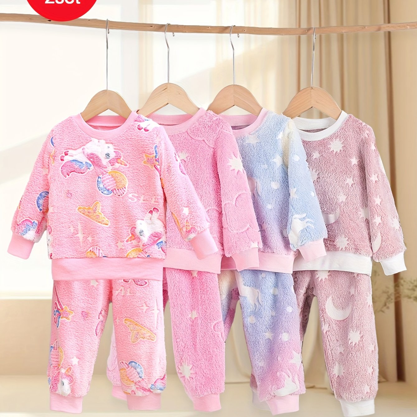 Image of 2 Sets Random Autumn/winter Girls' Plush Warm Sets, -the-dark Starry Sky Pattern, Lights Light, Soft And Comfortable Long-sleeve Crewneck, Casual And Warm For Outdoor Wear Or Parties, For