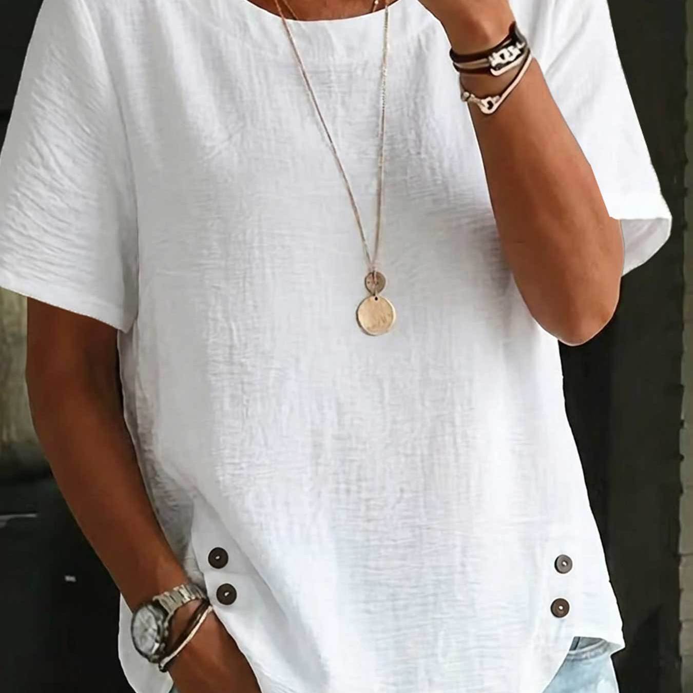 TEMU Women's Spring Summer Short Sleeve Blouse Shirt - Loose Fit Round Neck Solid Color Casual Blouse Top, Machine Washable Opaque Shirt Suitable For