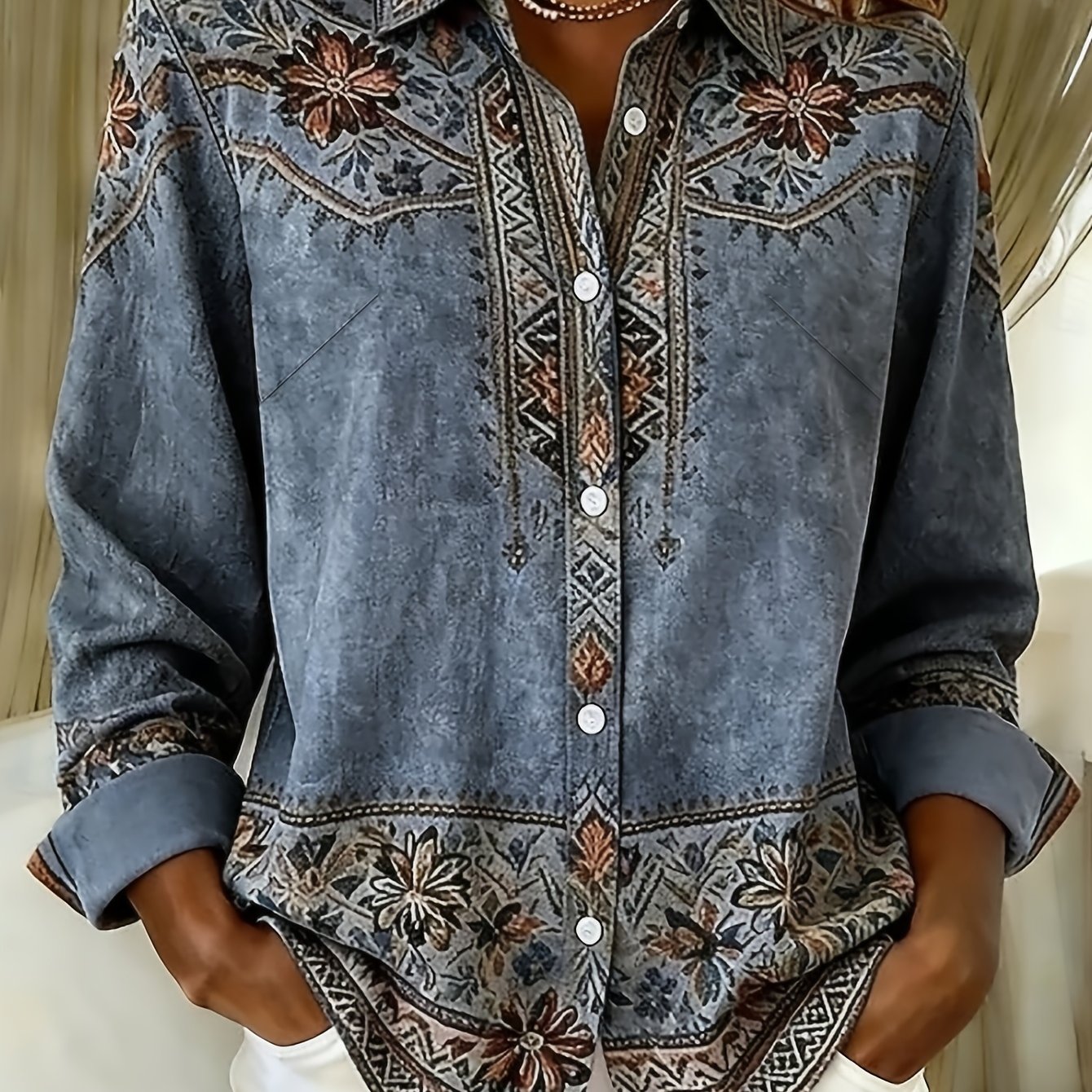 TEMU Women's Vintage Baroque Button-front Blouse Shirt - Collar Long Sleeve Blouse With Single-breasted Button , Machine Washable Suitable For Casual
