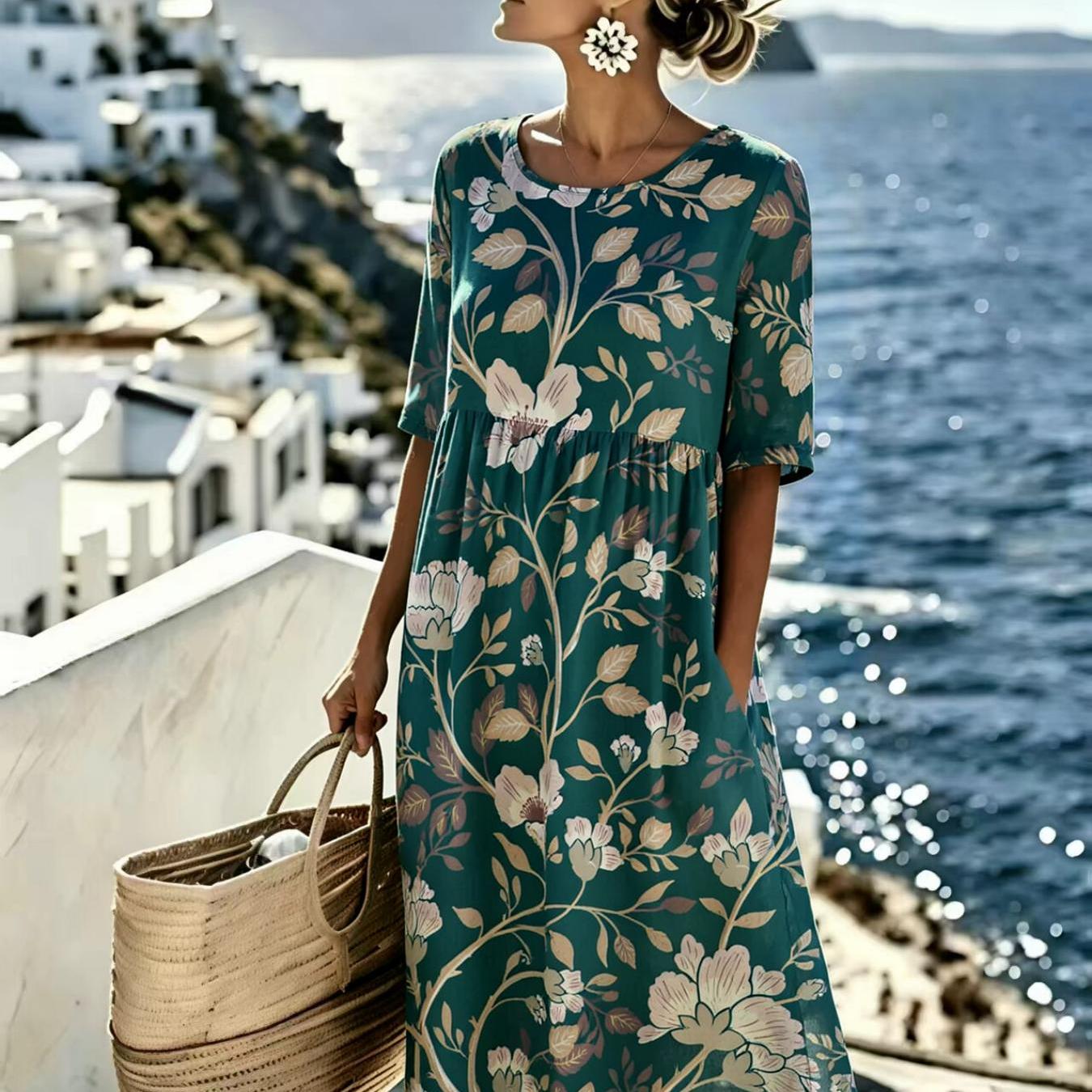 Image of Women's Summer Dress Floral Print Bohemian Casual Resort Style Fashionable And Elegant Machine Washable Suitable For Daily And Commuting The For Gifts