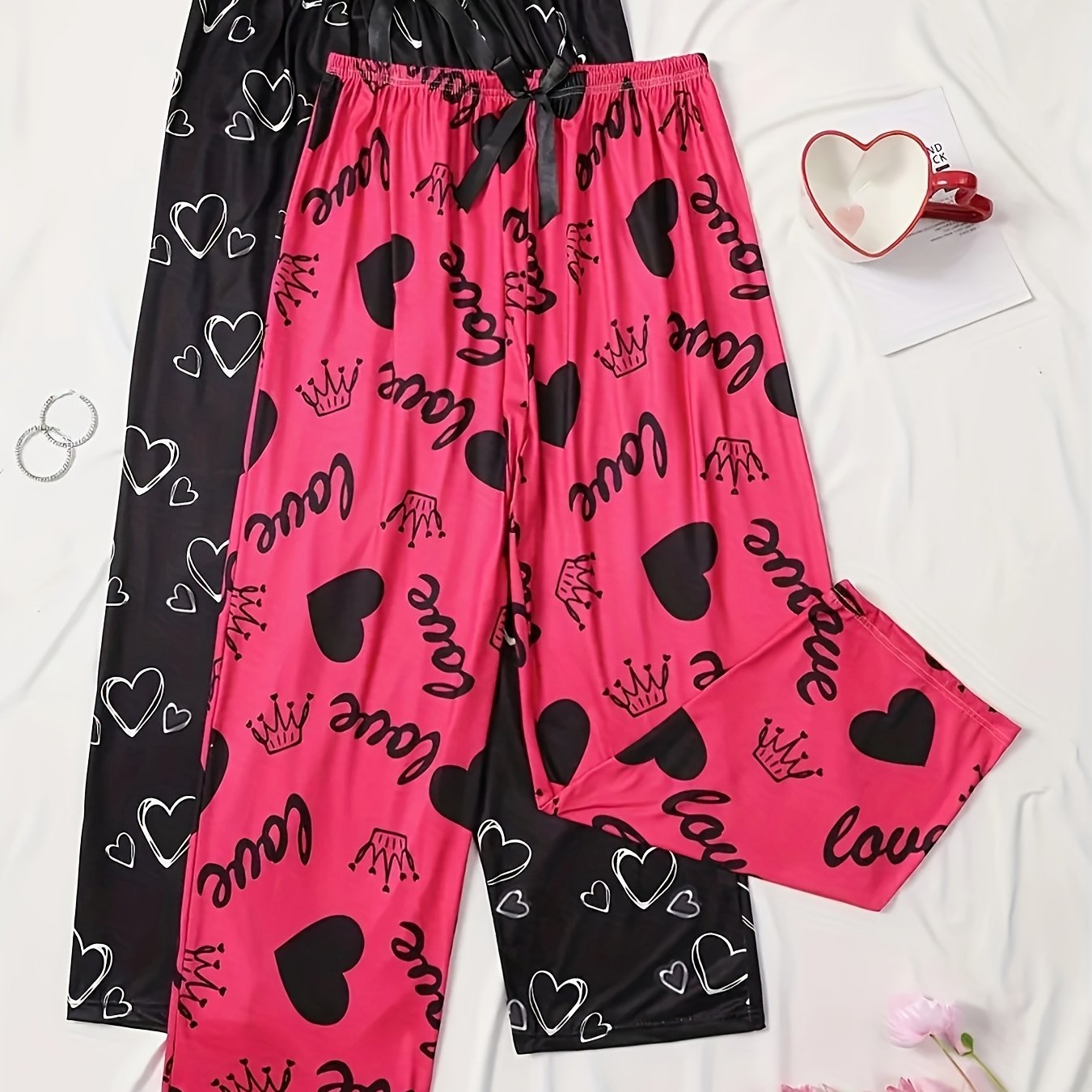 E-shop 2 Stück Damen Schlafhosen mit Herz- & Kronenprint, Schleife & elastischem Bund – Nachthemden geeignet – Pyjama-Hosen, maschinenwaschbar, nicht