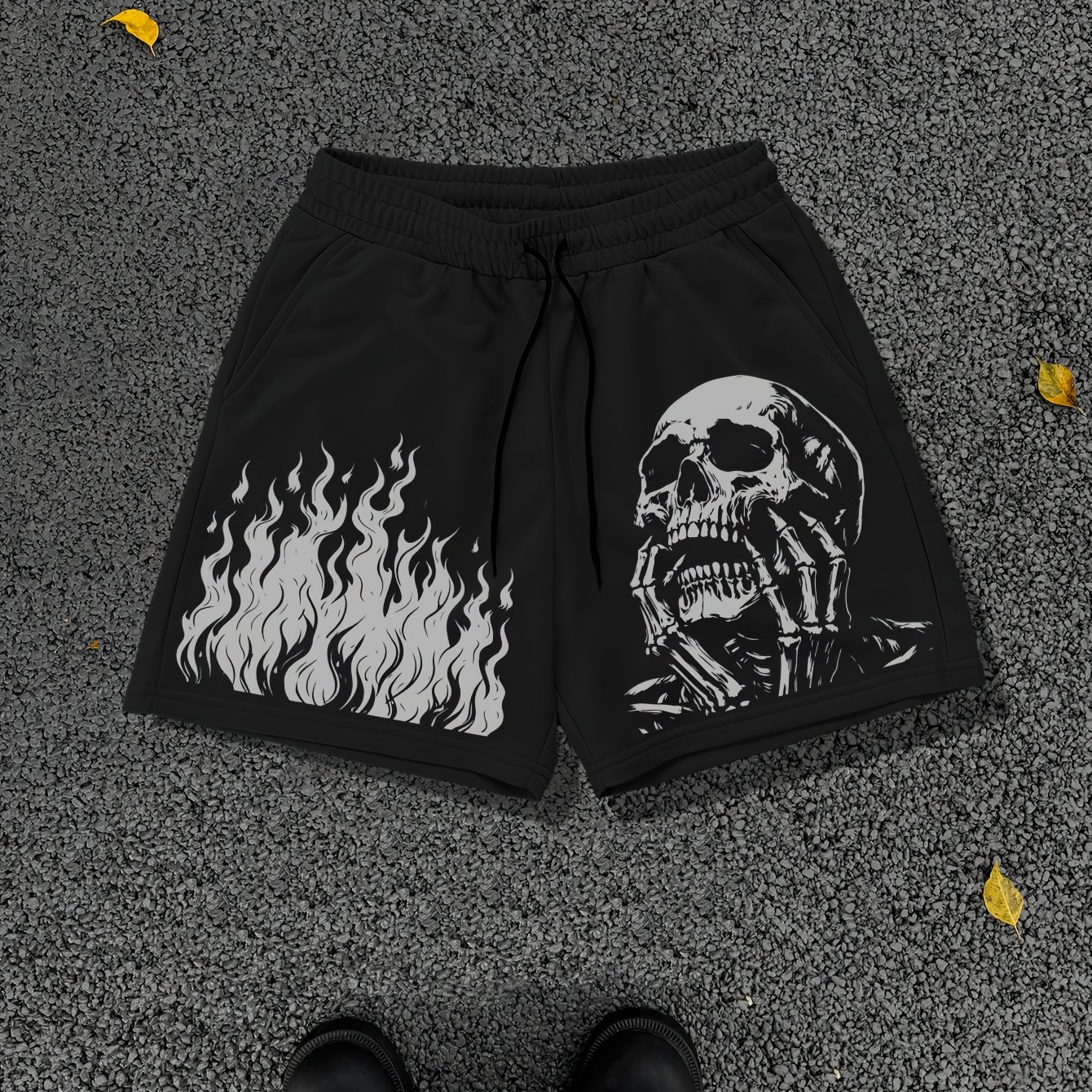 TEMU Men's Casual Sports Shorts Flame And Skull Print Drawstring Waistband Regular Fit Summer Versatile Pants Plus Size Pool Party Summer Outfit