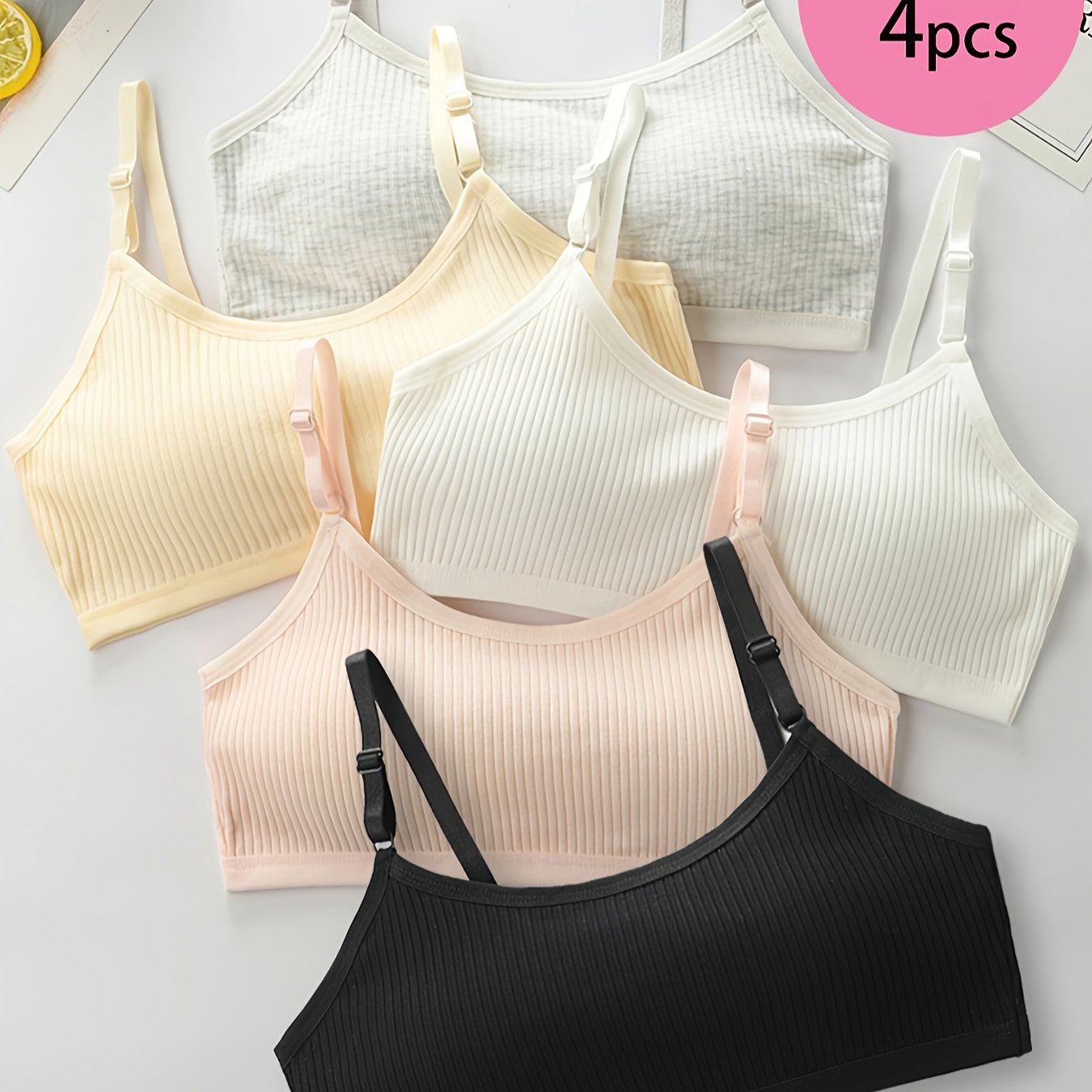 Random 4pcs Set Removable Breast Pads Ribbed Strappy Bra 10-11 Years Old