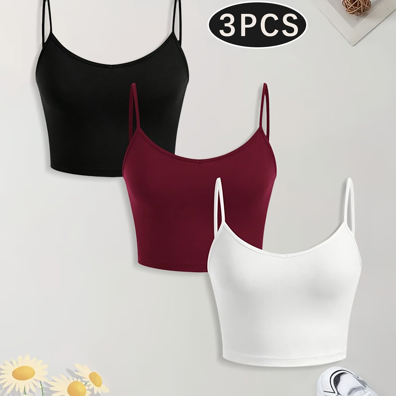 TEMU 3pcs Set Of Women's Camisoles, , Beautiful Sleeveless Short Casual Top, Fashionable And Affordable, V-neck Unique Base Layer