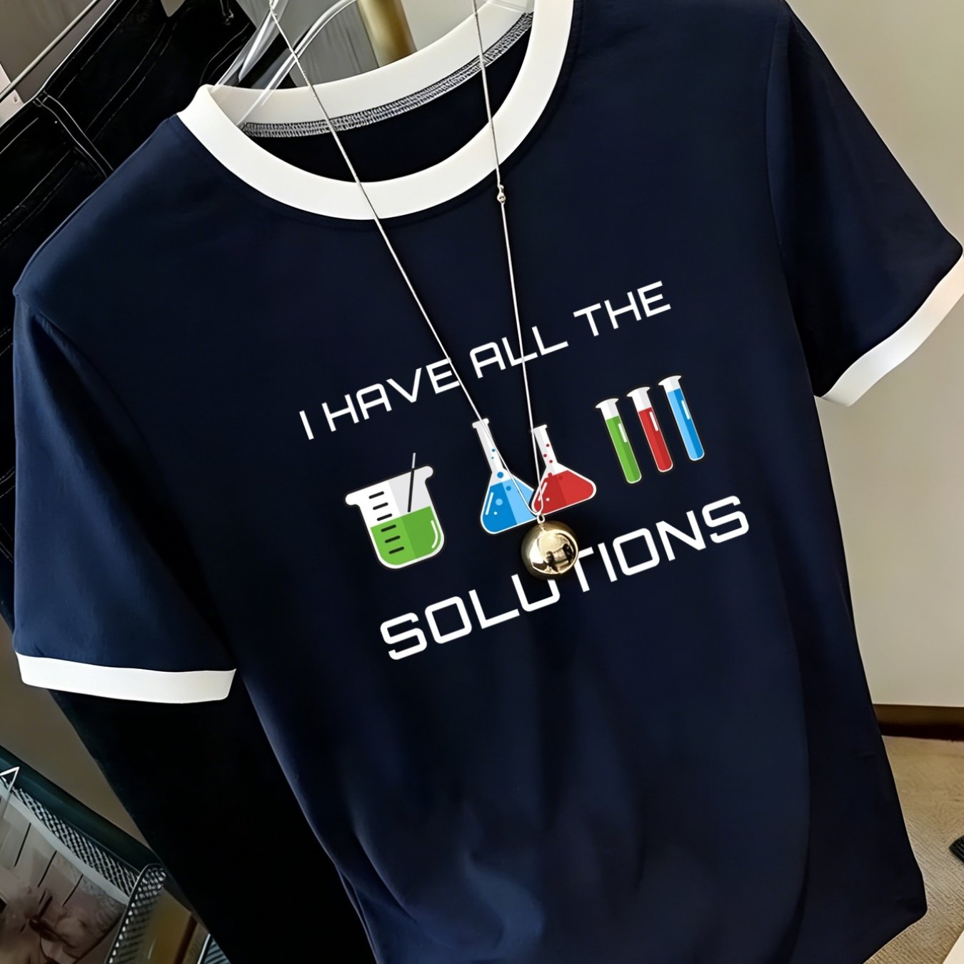TEMU Women'-themed Short Sleeve Blouse-compatible Top | Science Reagent Print Crew Neck Shirt | Color-block Chemistry Design For Uniforms, Sports &