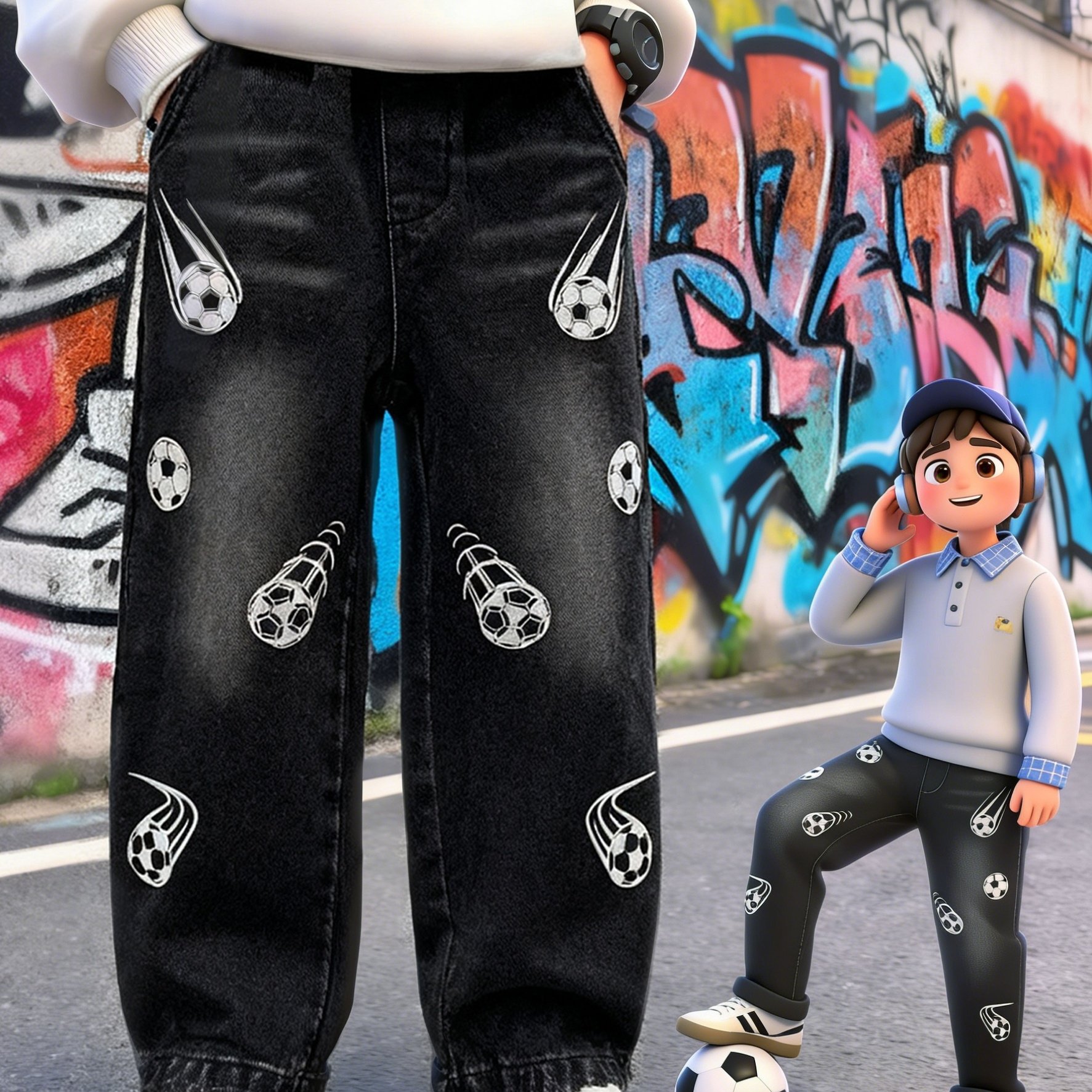 Image of Y2k Style Unisex Denim Long Pants, Soccer Print , Comfortable And , Trendy Little Leader Essential Clothing Fashion Casual Loose Outdoor Sports Straight-leg Jeans Street Daily Pockets