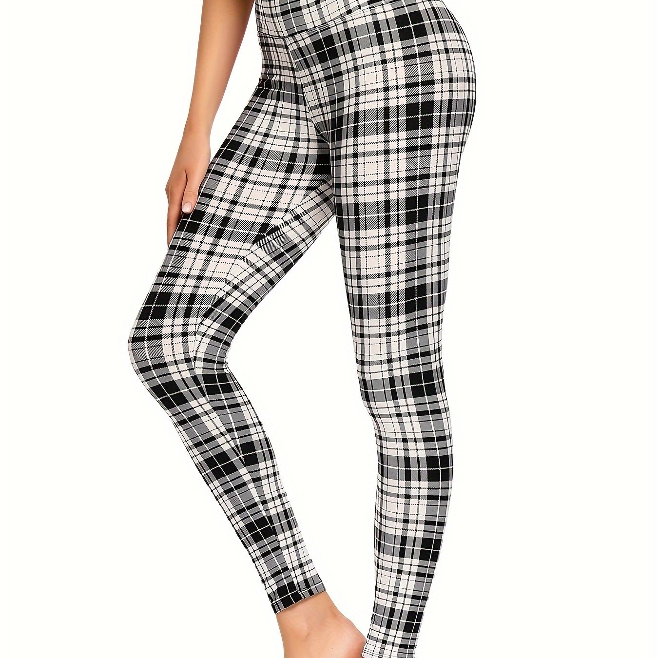 TEMU Plaid Print Skinny Leggings, Casual Sporty High Waist Slim Yoga Leggings For Spring & Fall, Women's Clothing